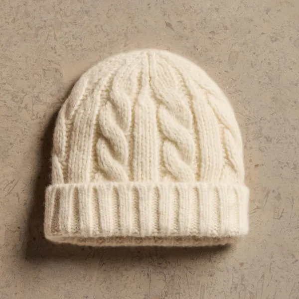 Lightweight Textured Cashmere Cable Knit Beanie - Ivory