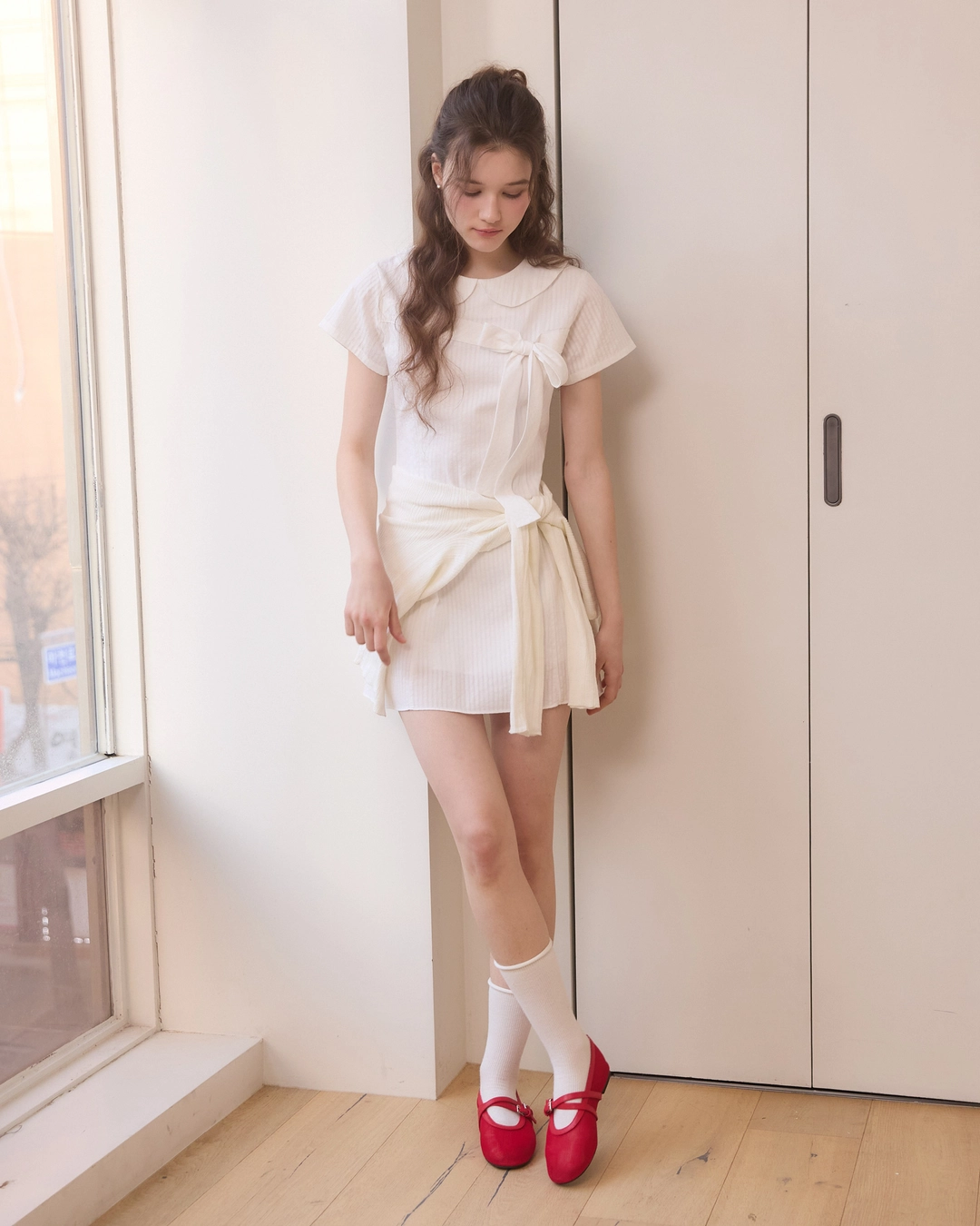 어다울 Oblique ribbon mini dress - white 상품 이미지 2
