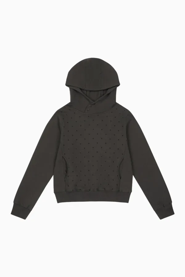 DOT BUTTON NECK HOODIE, CHARCOAL