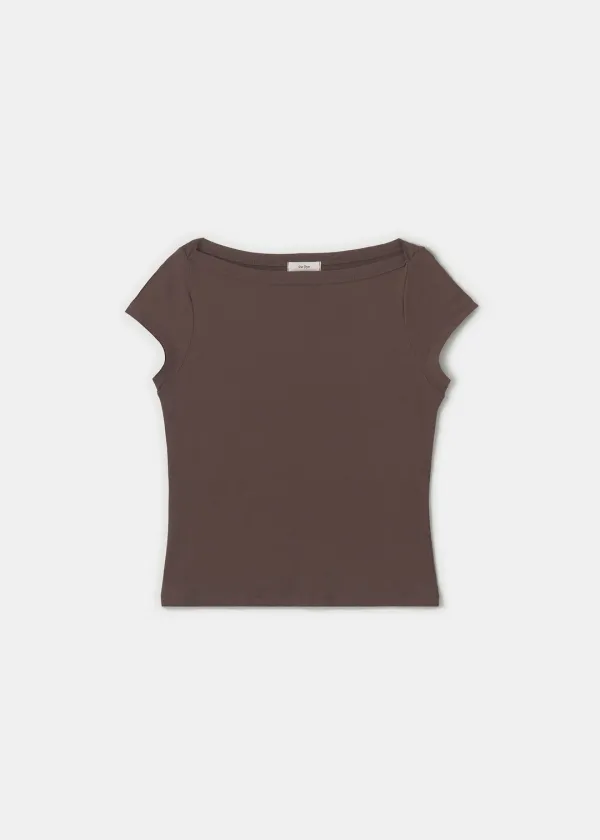 Boat-Neck Shoulder T-shirt(Brown)