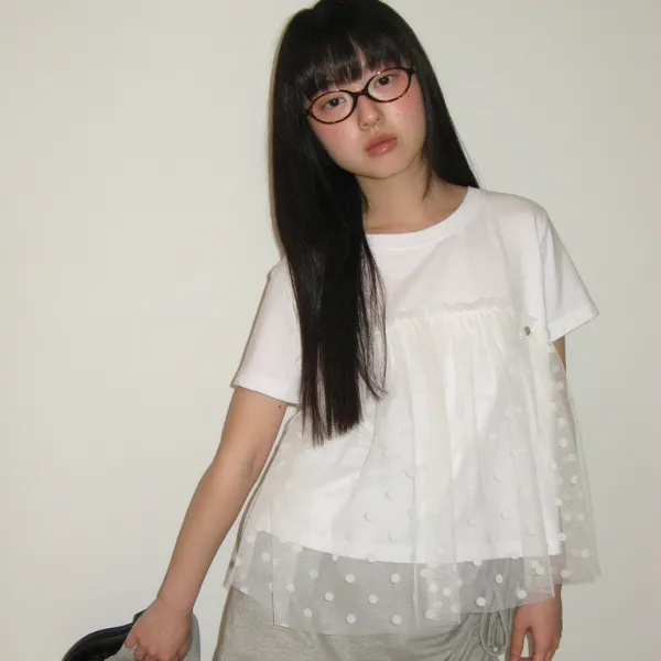 SHEER LAYERED SHORT SLEEVE DOT WHITE