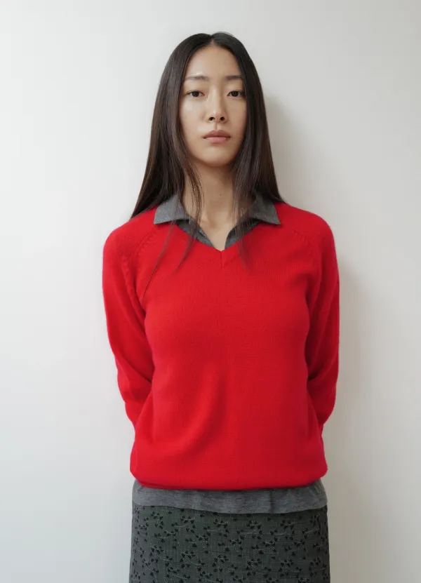 Pure Cashmere V-Neck Knit / Red