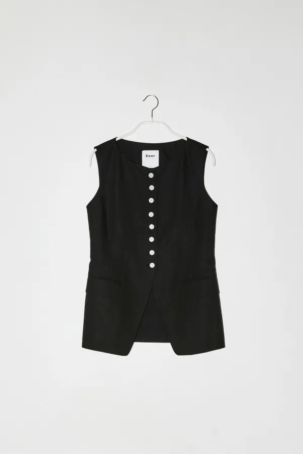 CONTRASTING BUTTONS SLEEVELESS JACKET - BLACK
