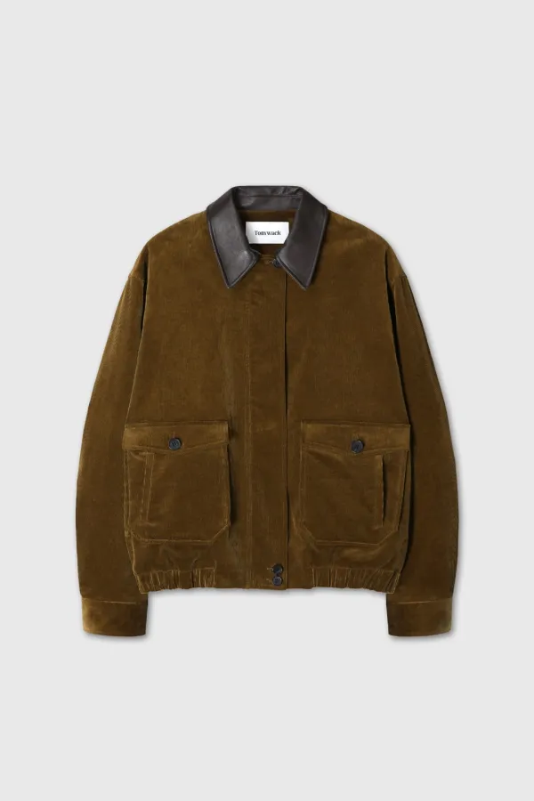(W) LEATHER COLLAR CORDUROY BOMBER JACKET_ OLIVE BROWN