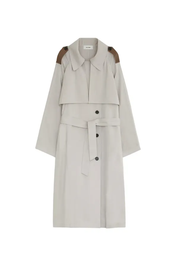 LEATHER FLAP DETAIL TRENCH COAT [GREY]