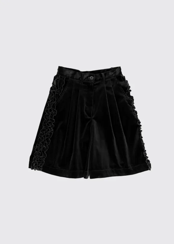 RUFFLE COTTON VELVET CULOTTE PANTS - BLACK