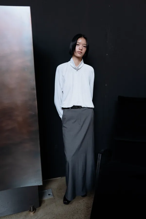 Tailored Wool Long Skirt (Melange Gray / Ash Brown)