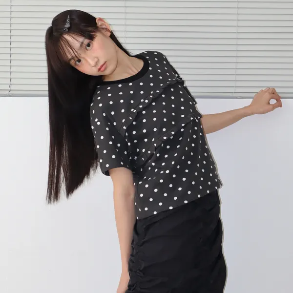 PENDANT LINE FRILL BASIC FIT T SHIRT CHARCOAL DOT