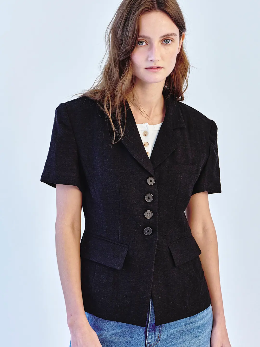 쏘이르 HALF SLEEVE LINEN JACKET - BLACK 상품 이미지 2