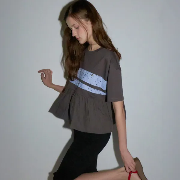 PATCHWORK RUFFLE SHORT SLEEVE T SHIRT CHARCOAL