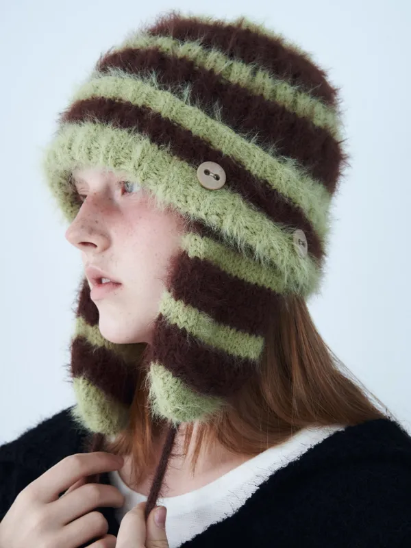 2 WAY EARFLAP BEANIE STRIPE GREEN MIXED