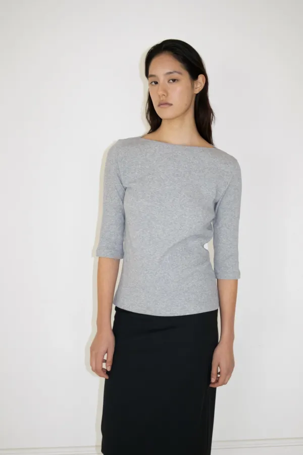 Ribbed Boat Neck Half Sleeve Top (Grey)