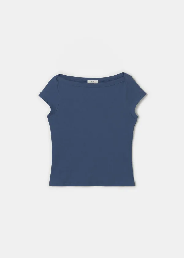 Boat-Neck Shoulder T-shirt(Blue)