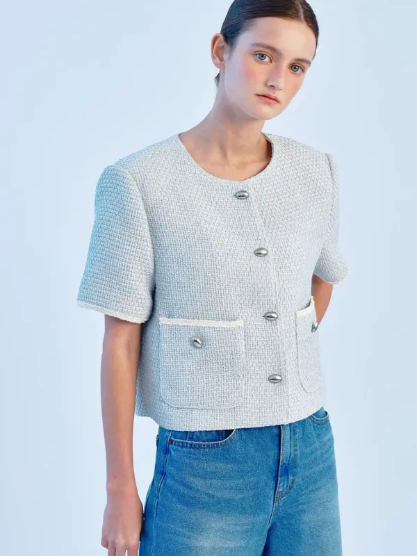 HALF SLEEVE TWEED JACKET - SKYBLUE