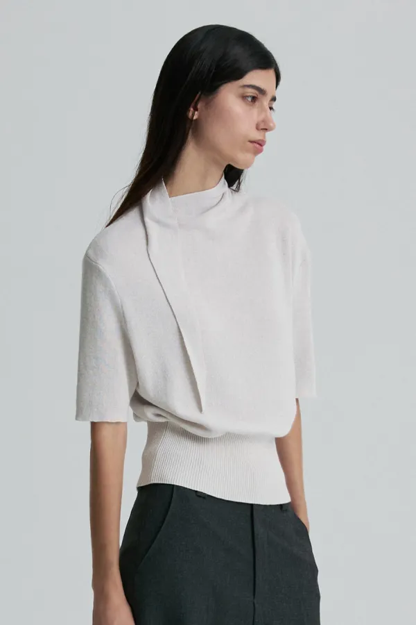 CASHMERE BLEND TIE-NECK KNIT TOP DOVEGRAY