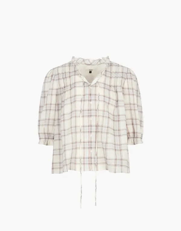 check frill tie blouse - beige