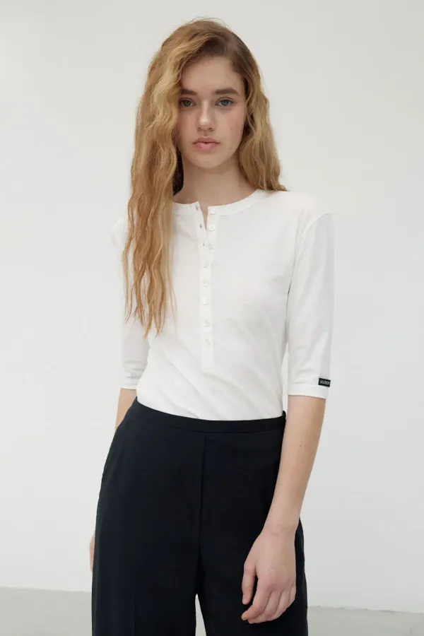 Henley Neck Top, White
