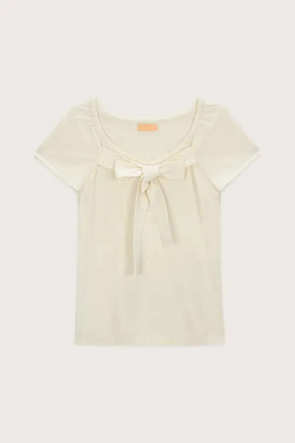Ribbon Tie Slim Knit Top (Ivory)