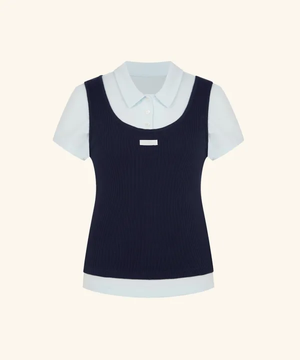[ITZY 리아 착용] Letters Double Layered PK Collar Shirt (Sky Blue)