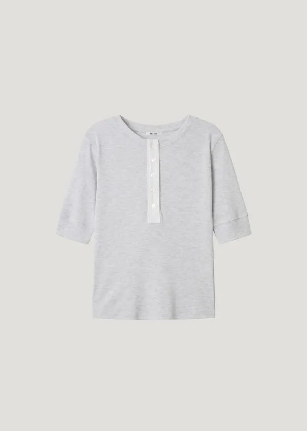 Ribbed Henley-Neck Half Sleeve_Melange Gray