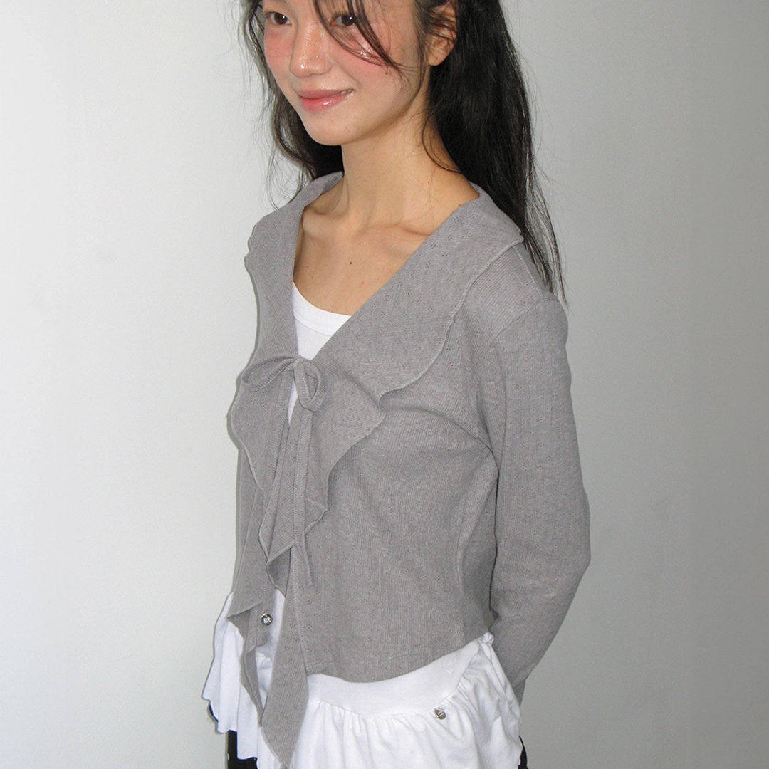 론론 PENDANT SAILOR FRILL EYELET CARDIGAN GREY 상품 이미지 1
