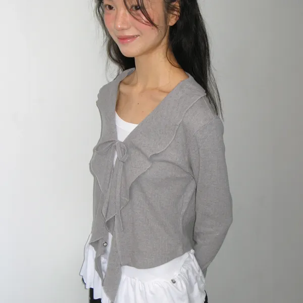 PENDANT SAILOR FRILL EYELET CARDIGAN GREY