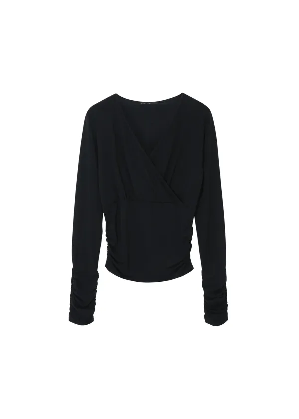 [2ND] SHIRRING V-NECK T, BLACK