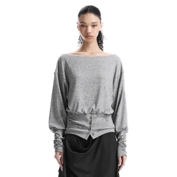 Banded-Waist Blouson Top [ Melange Gray ]