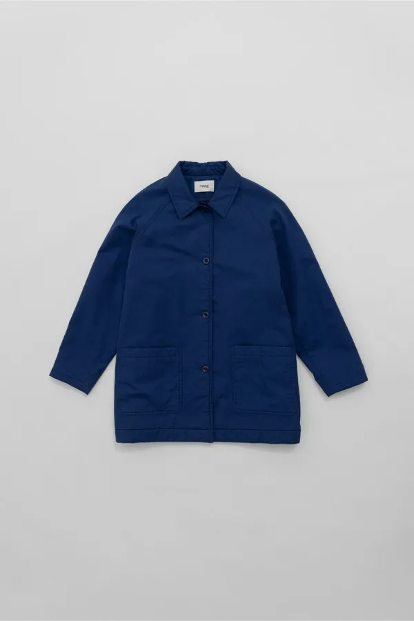 a padded trench (washed blue)