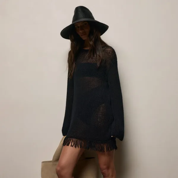 Baja Fringe Cotton Linen Tunic - Black