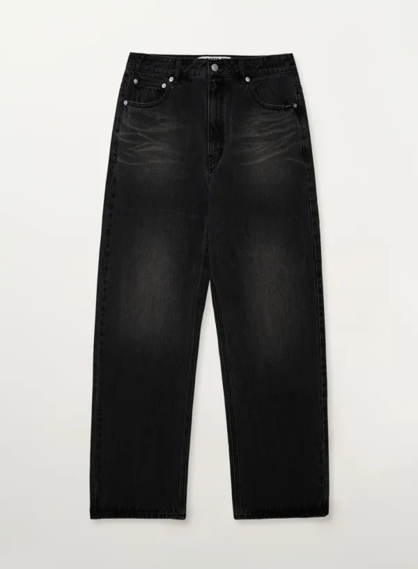 Straight Washed Denim Pants - Black