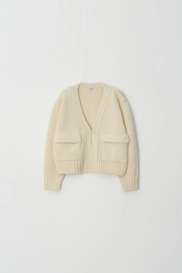 Flower-Patch Elbow Zip-Up Cardigan (Ivory)