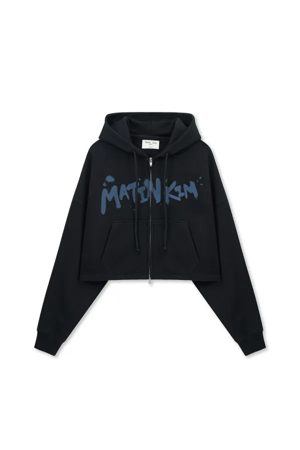 GRAFFITI LOGO CROP HOODY ZIP UP IN BLACK