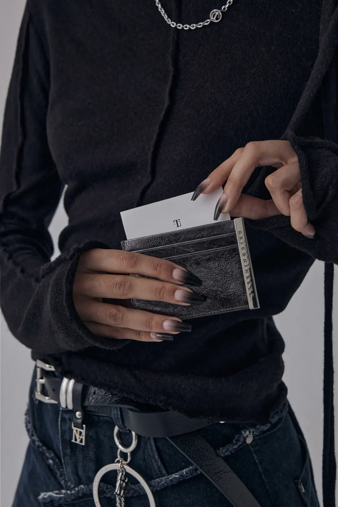 트리밍버드 Slim Metal Bar Cowhide Leather Card Wallet [ Dark Gray ] 상품 이미지 2