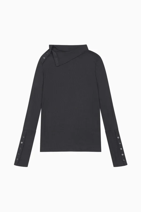 TWO-WAY BUTTON TURTLENECK T-SHIRT, CHARCOAL