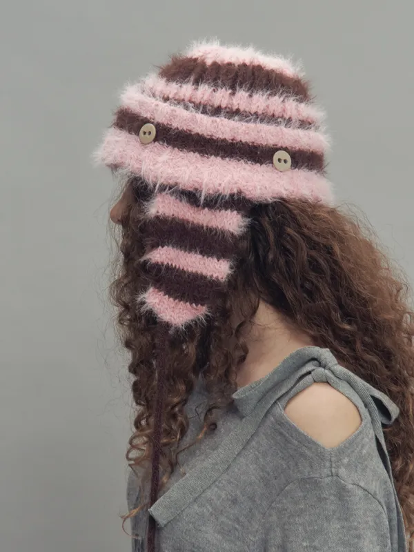 2 WAY EARFLAP BEANIE STRIPE PINK MIX