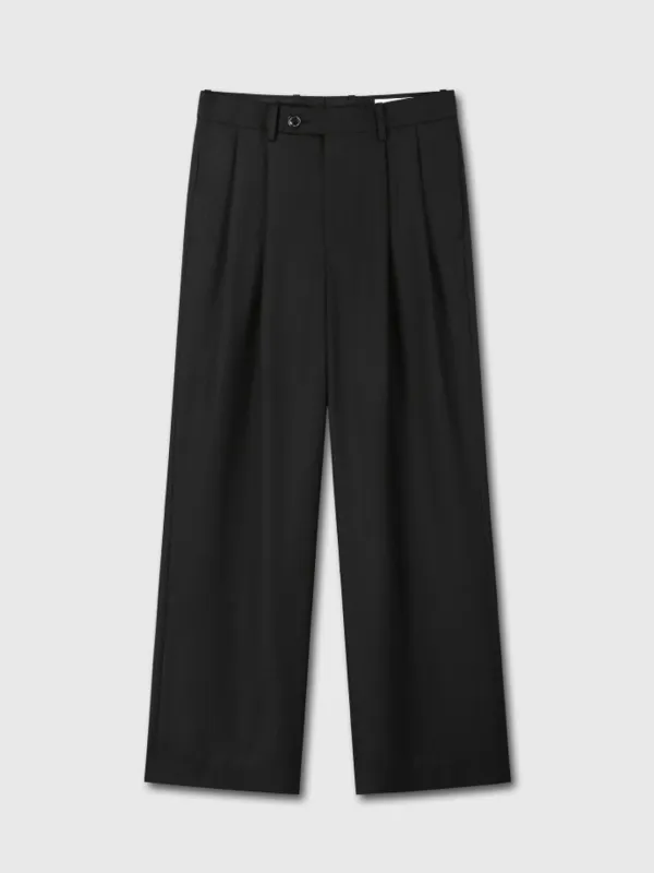 WOOL TWILL PLEATED WIDE TROUSERS_ BLACK