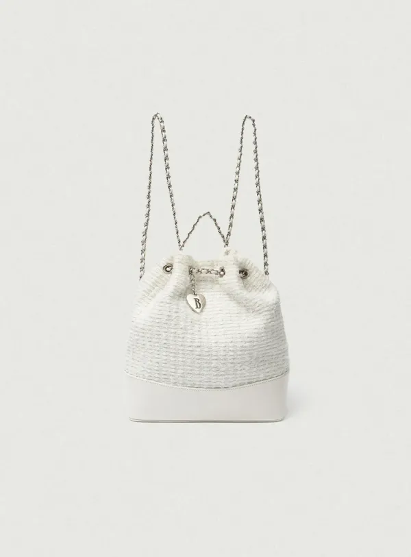 Tweed Drawstring Chain Backpack_Ivory