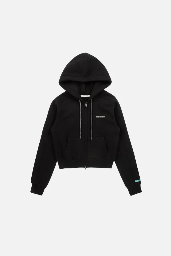 RHINESTONE ZIP HOOD UP HOODIE - BLACK
