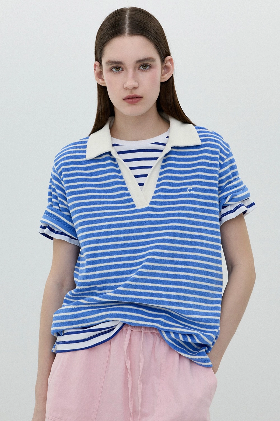 클로브 [25SS clove] Stripe Terry Open Collar T-Shirt (Blue) 상품 이미지 1