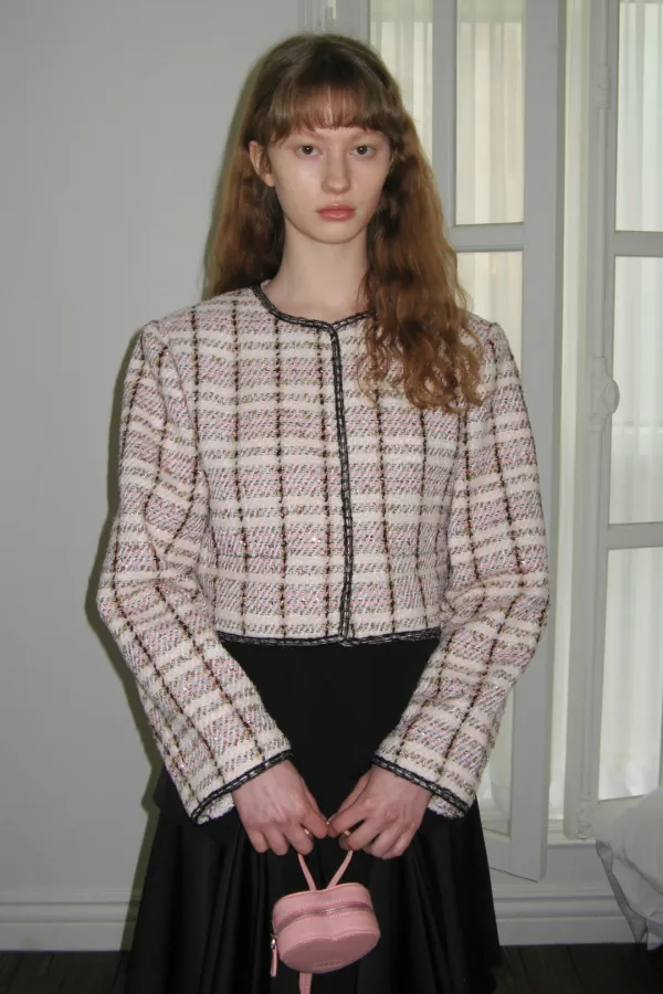 Collarless Shine Tweed Jacket (Pink)