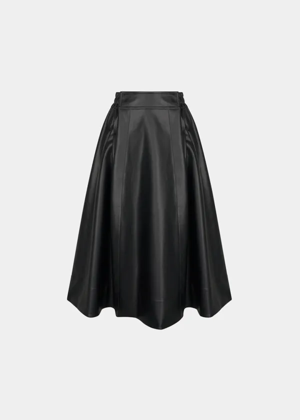 W FULL FLARED FAUX LEATHER MIDI SKIRT - BLACK
