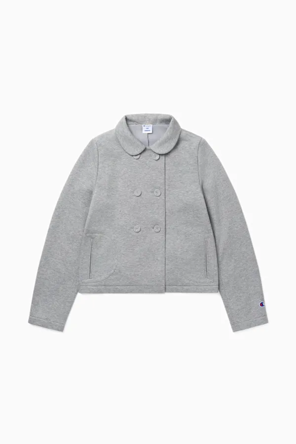 ROUND COLLAR DOUBLE BUTTON JACKET, MELANGE GRAY