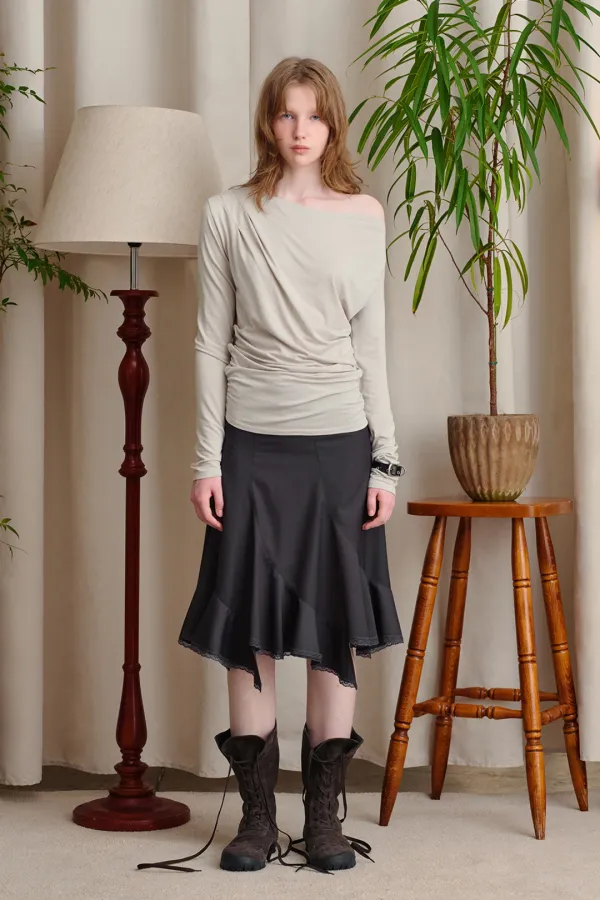 BOAT NECK SHIRRING LONG SLEEVE TOP, GRAY
