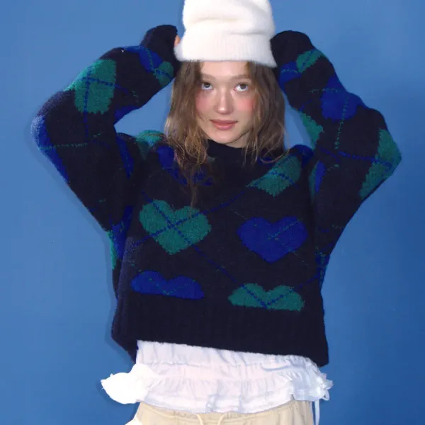HEART ARGYLE HEAVY CROP KNIT NAVY