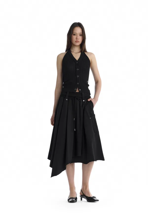 Double Waist A-Line Sweat Skirt [ Black ]