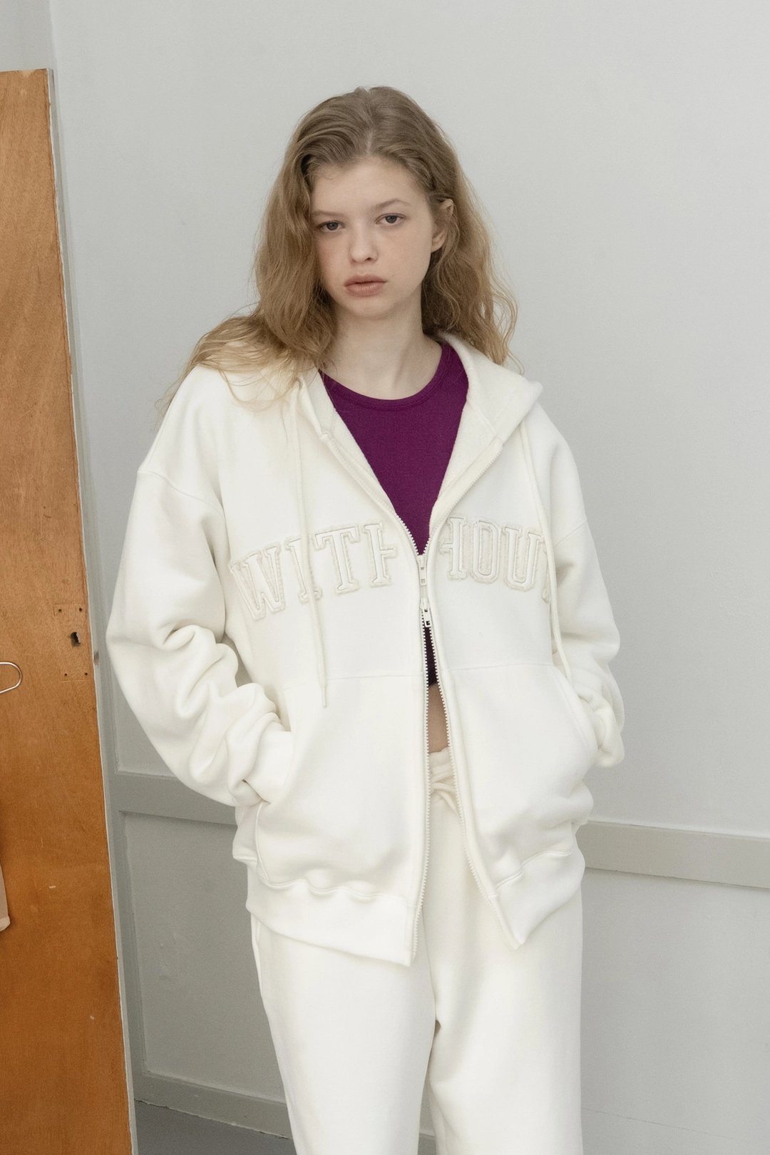 위드아웃썸머 Solid stitch hood zip-up_ivory 상품 이미지 2