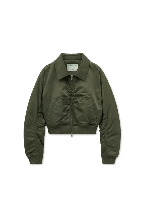 APPLIQUE LOGO SHIRRING BOMBER JUMPER FOR WOMEN IN KHAKI