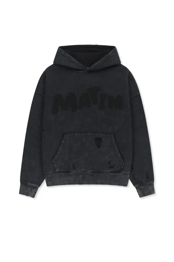 WAFFLE APPLIQUE LOGO HOOD TOP IN CHARCOAL