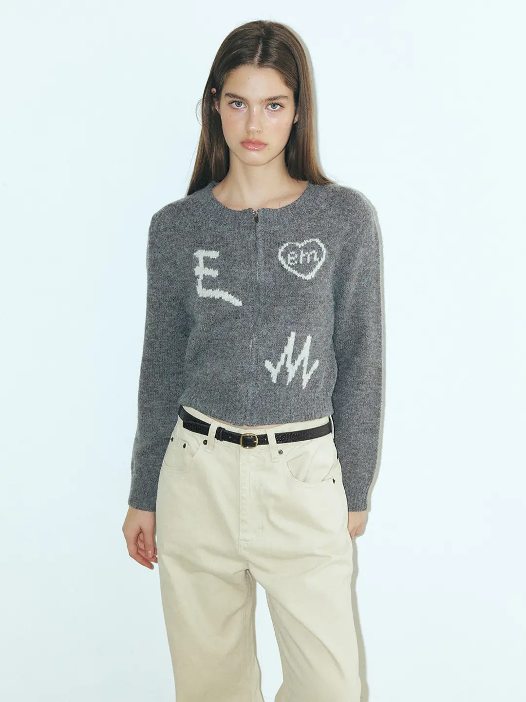 에트몽 Lettering Zip-Up Knit Cardigan, Grey 상품 이미지 2
